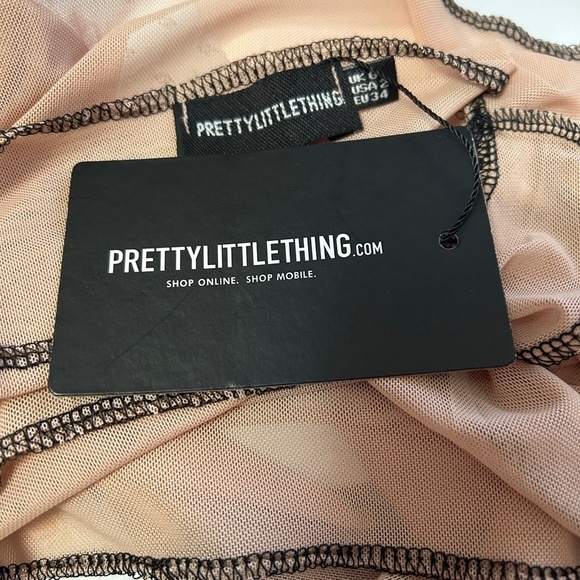 PLT Crop Top Nude Mesh Contrast Stitch Cut Out Cold Shoulder Made in UK - Picture 7 of 11